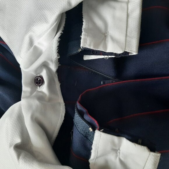 NINA RICCI Retro Maxi Length Long Pin-Stripe Dress White Collar Navy Blue Sz 12 - Picture 16 of 16